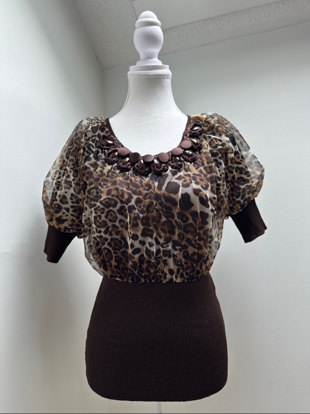 BOLINI Animal‎ Print Banded Puff Mesh Y2K Beaded Short Sleeve Size Large
